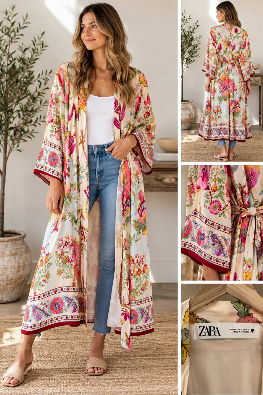 ZARA Floral Kimono Robe Duster M Belted Lined Boho Long Maxi Resort 100% Viscose